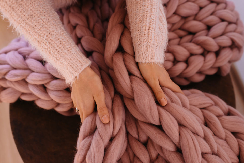 Pink giant, large warm merino wool plaid blanket.