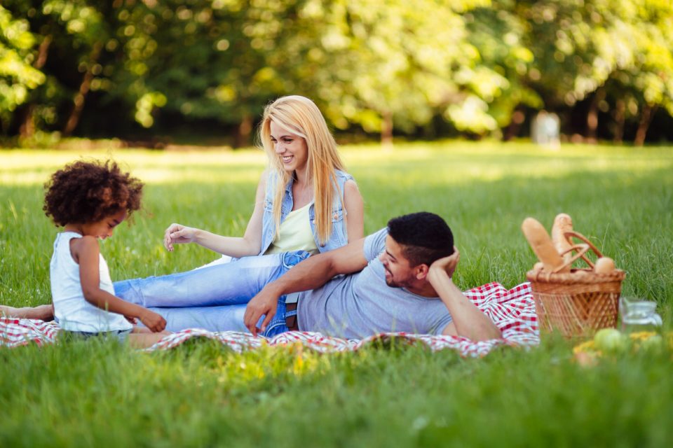Family having a picnic outside.