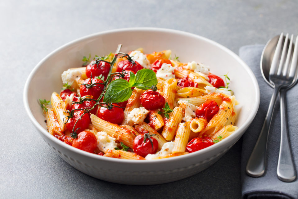 Pasta penne with roasted tomato, sauce, mozzarella cheese.